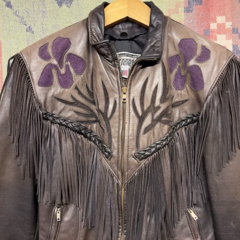 Women's Black Leather Fringe Jacket with Purple Appliqué